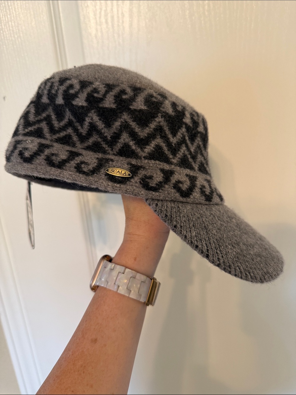 Scala Cadet Wool Visor Hat with Black Geometric Pattern